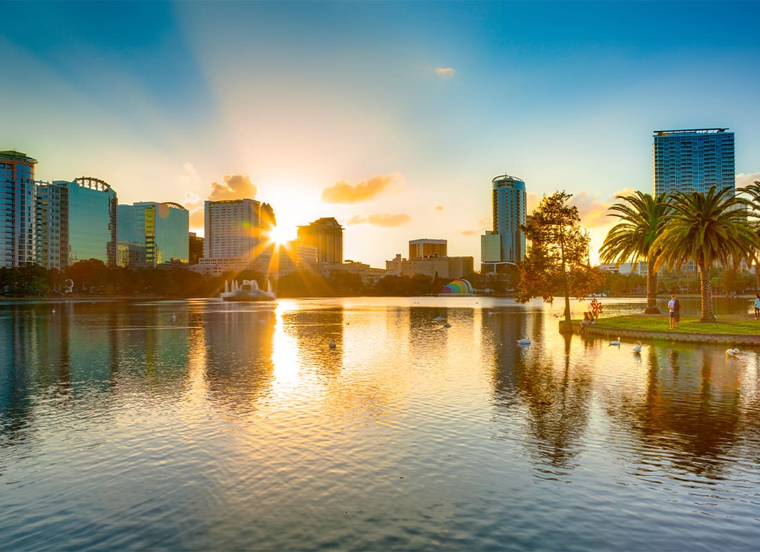 Orlando, FL - Sunset Over Skyscrapers in Orlando Overlooking Park